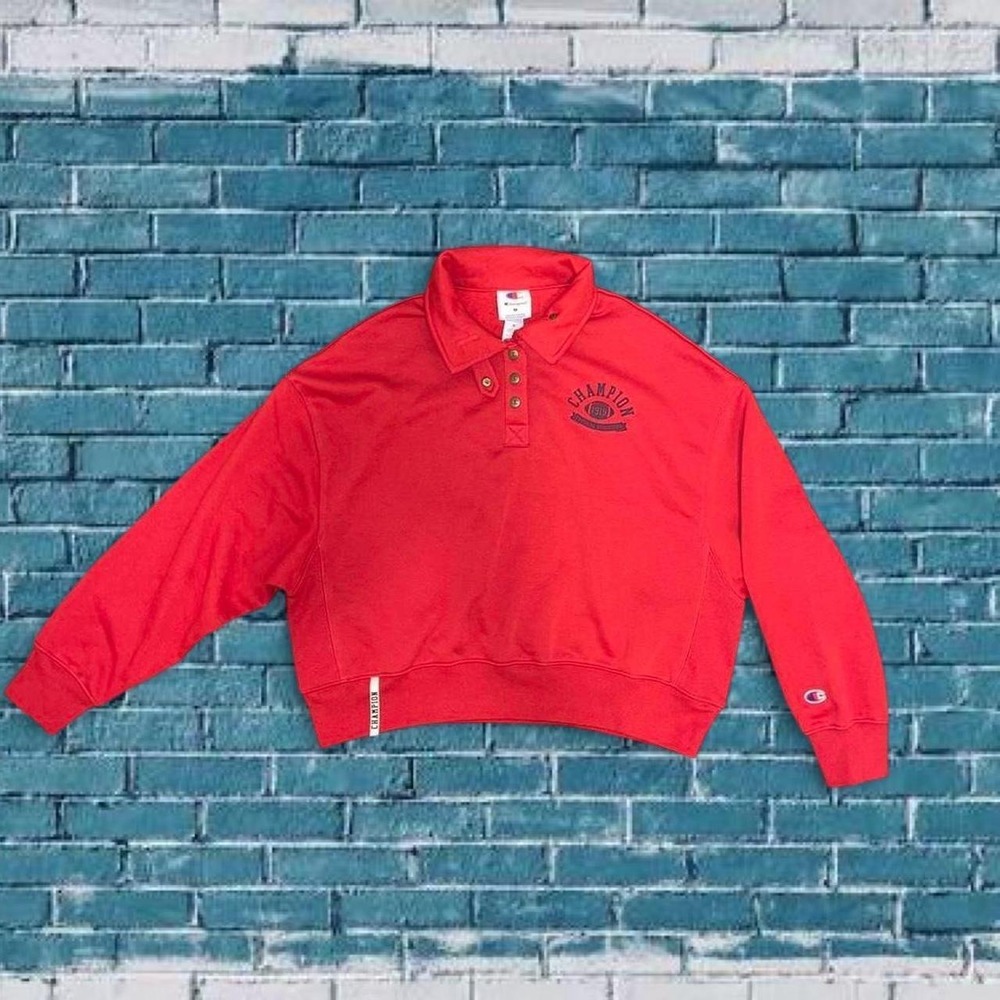 Champion Womens Red Physical Education Graphic Cropped Polo Sweatshirt Medium